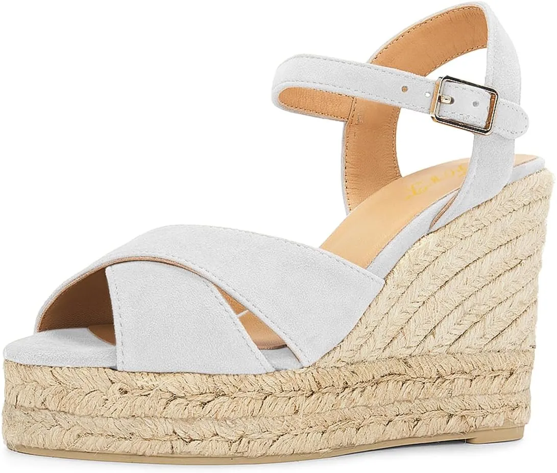 FOWT Women Classic Suede Platform Espadrille Sandals Open Toe Wedge High Heels Ankle Strap Buckle Summer Party Casual Shoes Size 4-16 US