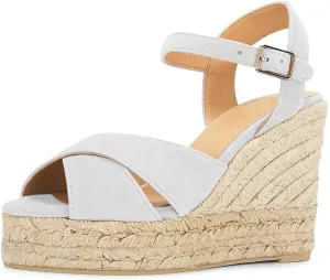 FOWT Women Classic Suede Platform Espadrille Sandals Open Toe Wedge High Heels Ankle Strap Buckle Summer Party Casual Shoes Size 4-16 US