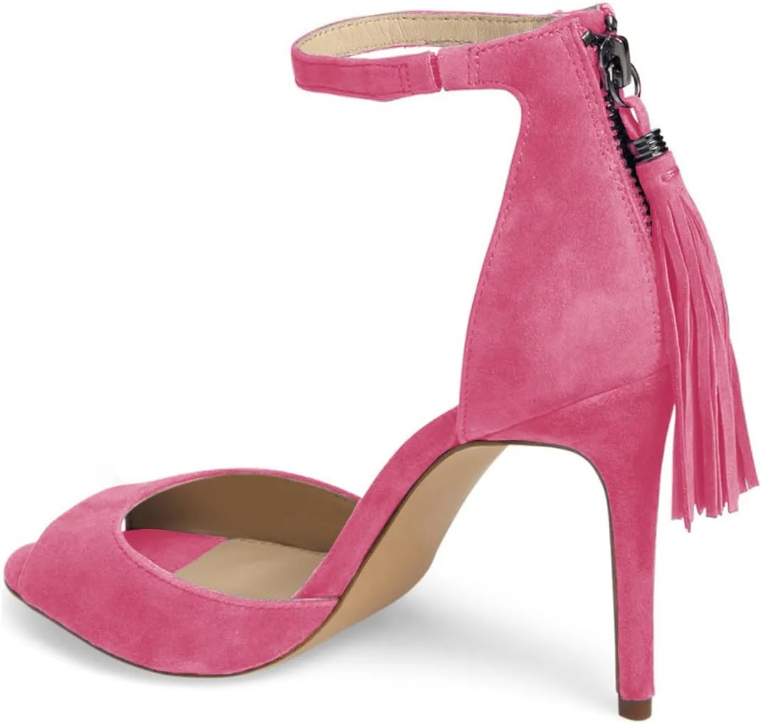 FSJ Women Peep Toe Ankle Strap Heels Sandals Stiletto Chic Fringed Party D'Orsay Shoes Size 4-15 US