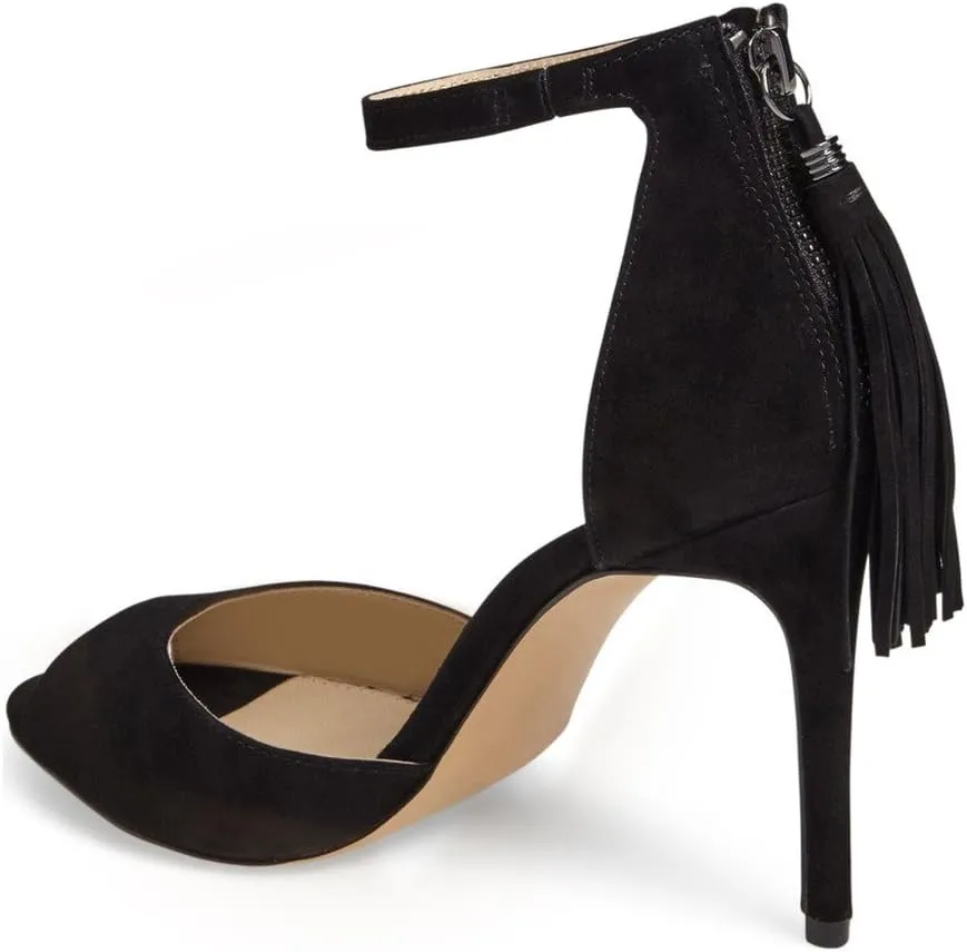 FSJ Women Peep Toe Ankle Strap Heels Sandals Stiletto Chic Fringed Party D'Orsay Shoes Size 4-15 US