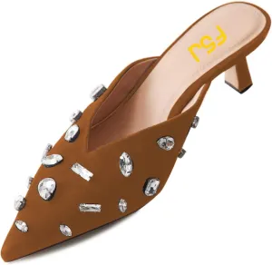 FSJ Women Retro Crystal Rhinestone Pointed Toe Slip on Kitten Heel Mules Low Heel Pumps Slide Slipper Girls Party Classic Outfit Sandals Size 4-15 US