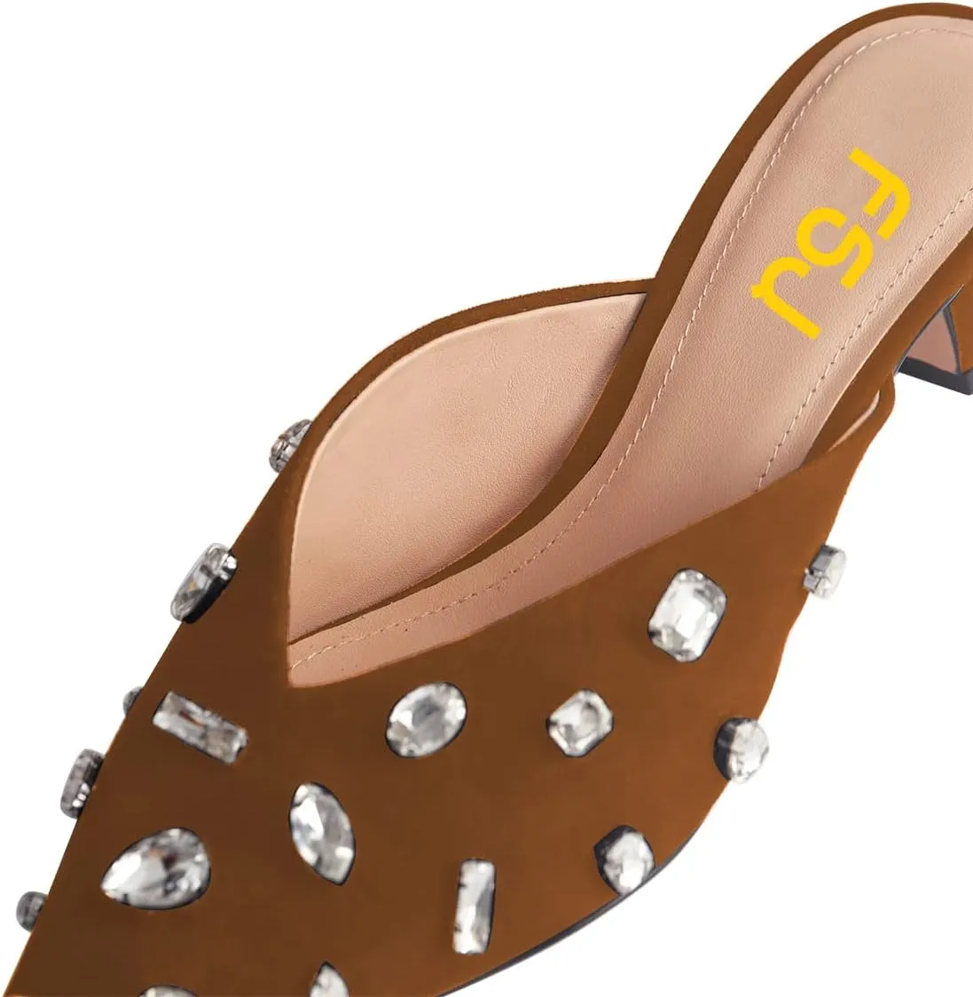 FSJ Women Retro Crystal Rhinestone Pointed Toe Slip on Kitten Heel Mules Low Heel Pumps Slide Slipper Girls Party Classic Outfit Sandals Size 4-15 US