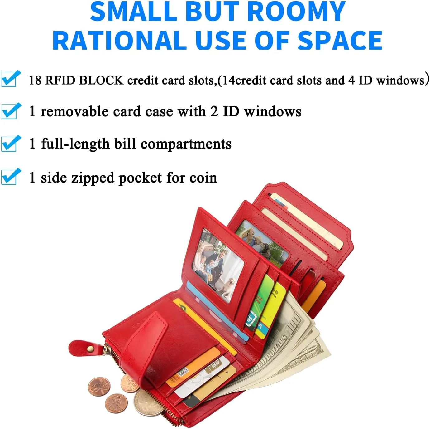 FT FUNTOR Small Wallet for Women Genuine Leather Bifold Compact RFID Blocking Zipper Pocket Ladies Credit Card Slots Purse with ID Window
