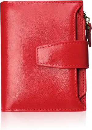 FT FUNTOR Small Wallet for Women Genuine Leather Bifold Compact RFID Blocking Zipper Pocket Ladies Credit Card Slots Purse with ID Window