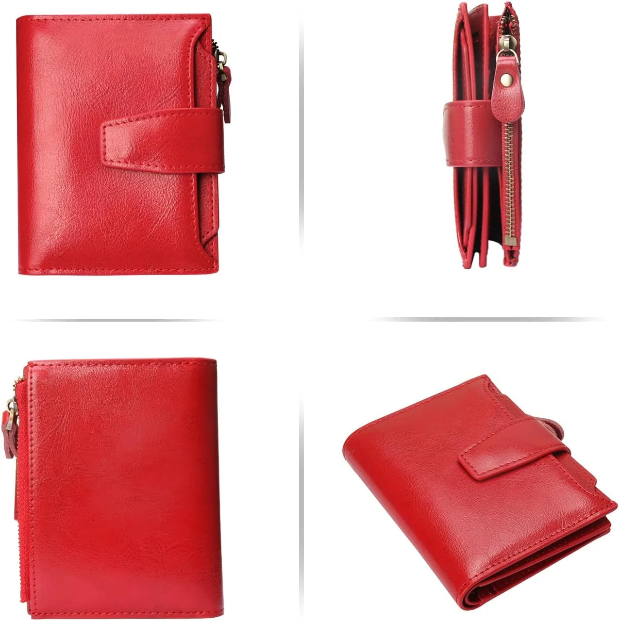 FT FUNTOR Small Wallet for Women Genuine Leather Bifold Compact RFID Blocking Zipper Pocket Ladies Credit Card Slots Purse with ID Window
