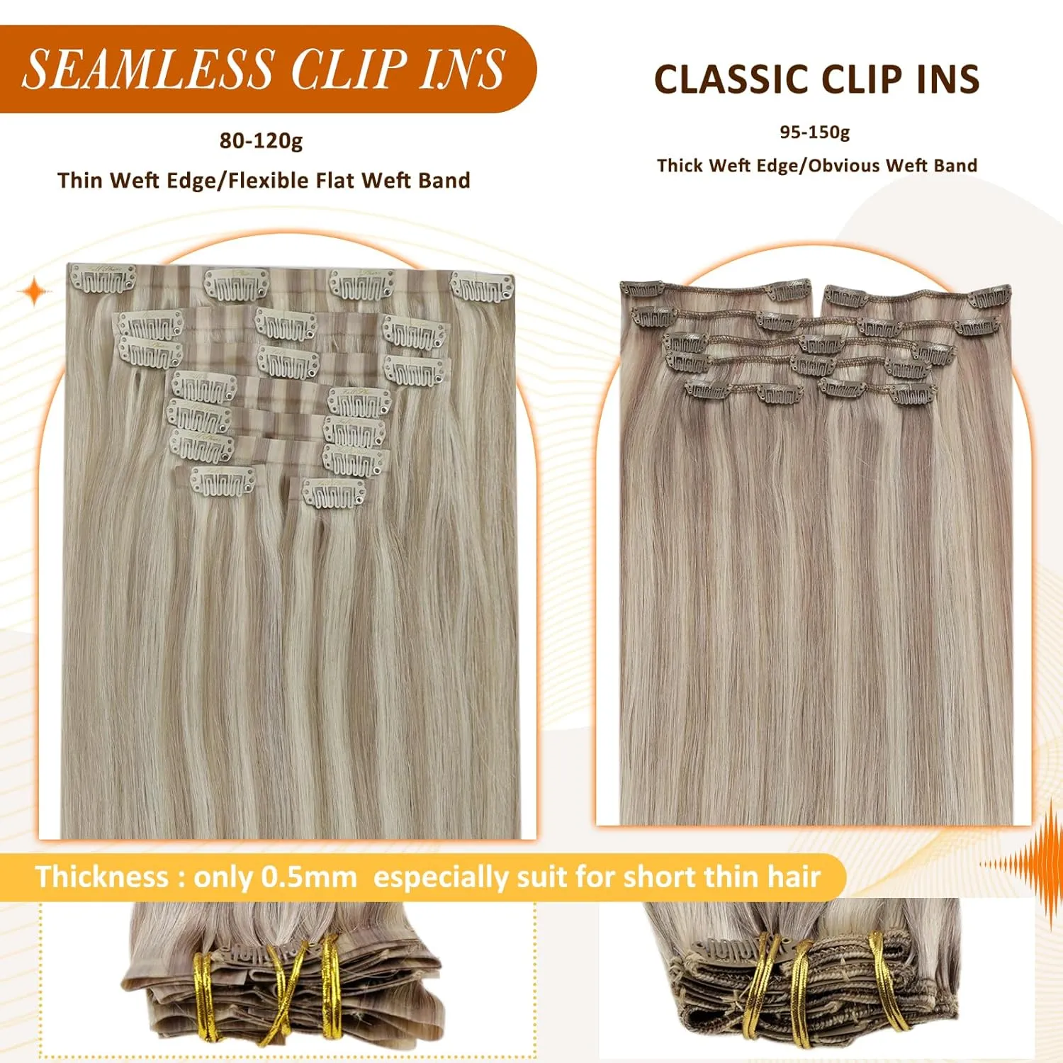 Full Shine Blonde Clip in Hair Extensions Highlights Human Hair Clip in Extensions Ash Blonde Mix Bleach Blonde Pu Clip in Hair Extensions Real Human Hair Remy Hair Extensions 12 Inch 8 Pcs 80 g