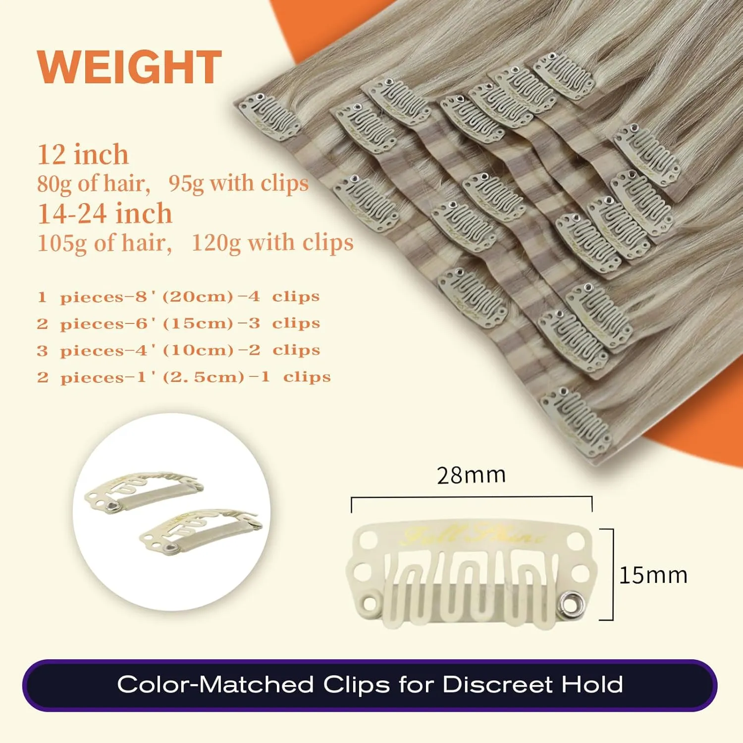 Full Shine Blonde Clip in Hair Extensions Highlights Human Hair Clip in Extensions Ash Blonde Mix Bleach Blonde Pu Clip in Hair Extensions Real Human Hair Remy Hair Extensions 12 Inch 8 Pcs 80 g