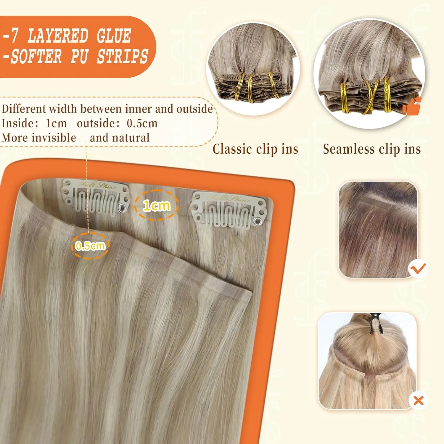 Full Shine Blonde Clip in Hair Extensions Highlights Human Hair Clip in Extensions Ash Blonde Mix Bleach Blonde Pu Clip in Hair Extensions Real Human Hair Remy Hair Extensions 12 Inch 8 Pcs 80 g