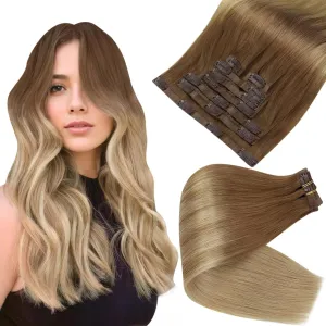 Full Shine Ombre Clip In Hair Extensions Human Hair 14 Inch Light Brown To Beige Blonde Hair Extensions Human Hair 8pcs/Set Invisible Skin Weft Extensions 120 Grams