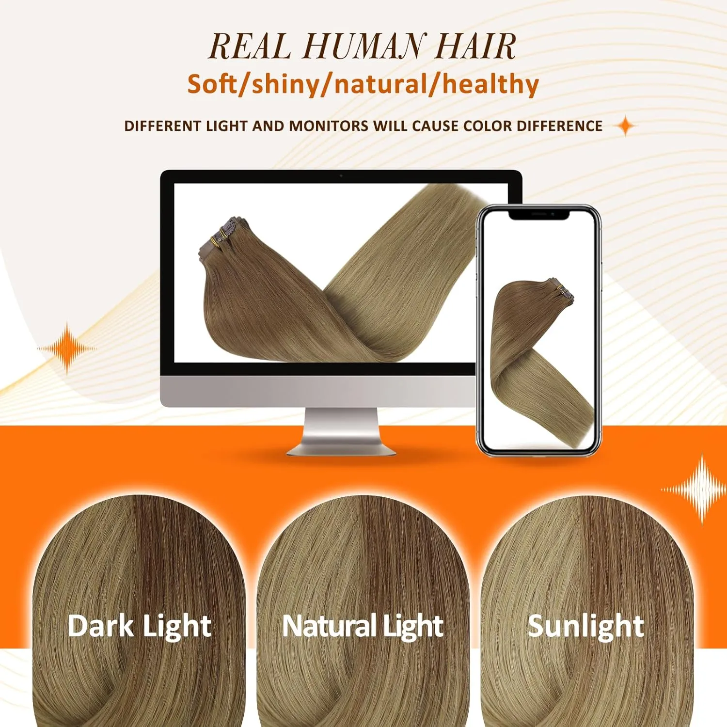Full Shine Ombre Clip In Hair Extensions Human Hair 14 Inch Light Brown To Beige Blonde Hair Extensions Human Hair 8pcs/Set Invisible Skin Weft Extensions 120 Grams