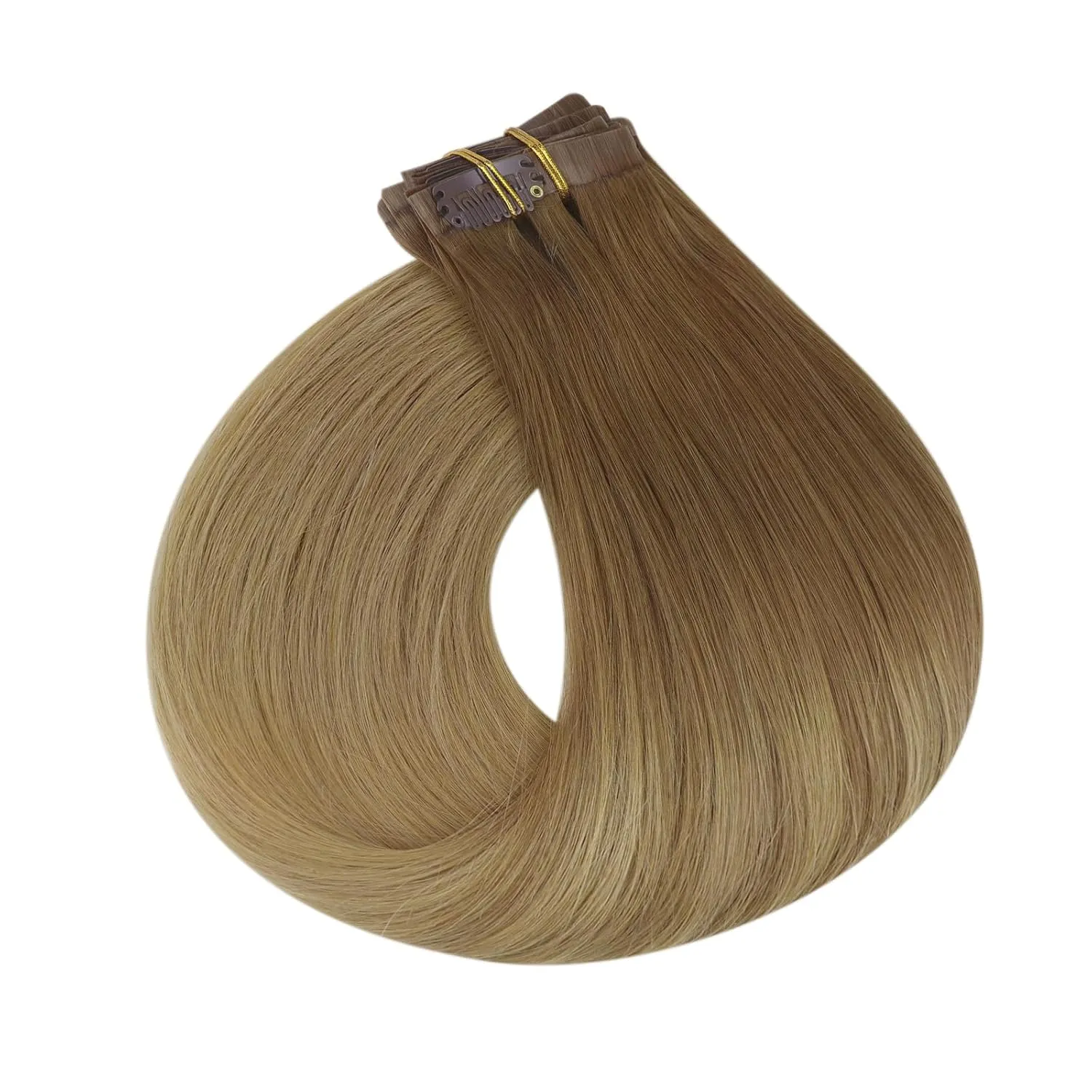Full Shine Ombre Clip In Hair Extensions Human Hair 14 Inch Light Brown To Beige Blonde Hair Extensions Human Hair 8pcs/Set Invisible Skin Weft Extensions 120 Grams