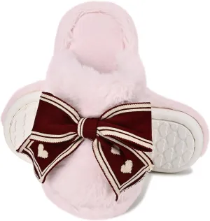 Fuzzy Knitted Bow Slippers for Women, Winter Bedroom Warm Fur Lined Slippers with Anti-Skid Sole, Cozy House Home Slip-On Shoes
