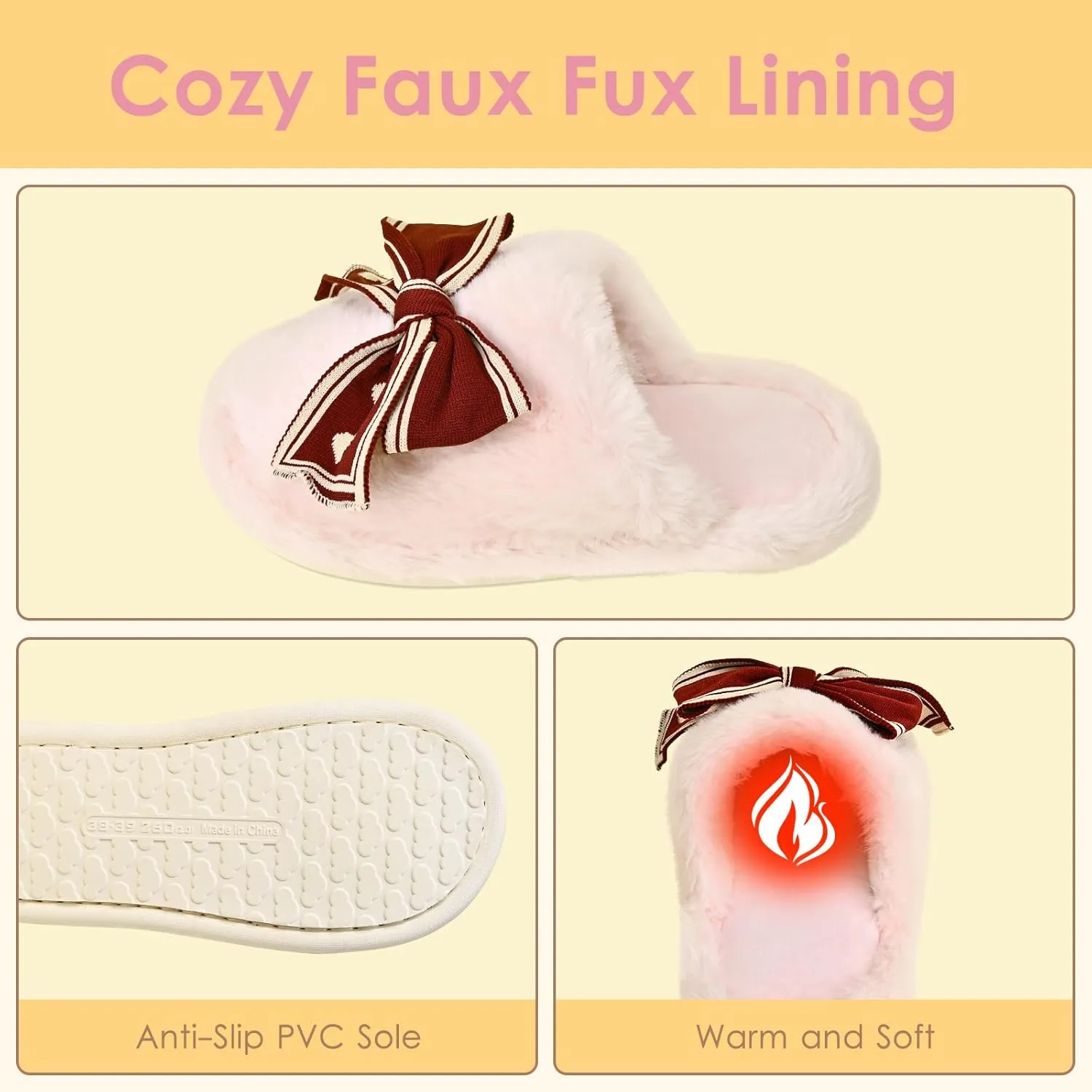 Fuzzy Knitted Bow Slippers for Women, Winter Bedroom Warm Fur Lined Slippers with Anti-Skid Sole, Cozy House Home Slip-On Shoes