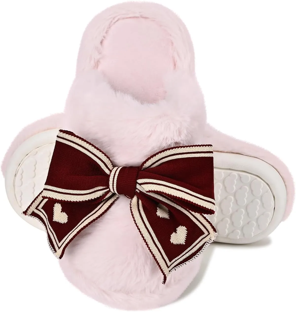 Fuzzy Knitted Bow Slippers for Women, Winter Bedroom Warm Fur Lined Slippers with Anti-Skid Sole, Cozy House Home Slip-On Shoes