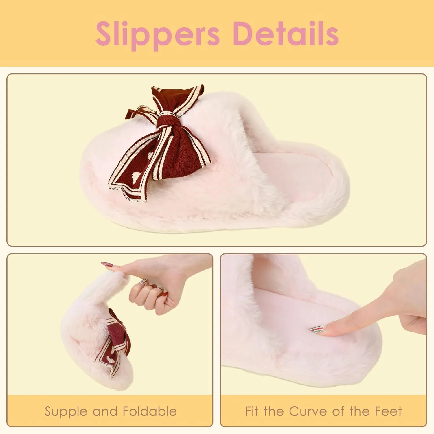 Fuzzy Knitted Bow Slippers for Women, Winter Bedroom Warm Fur Lined Slippers with Anti-Skid Sole, Cozy House Home Slip-On Shoes