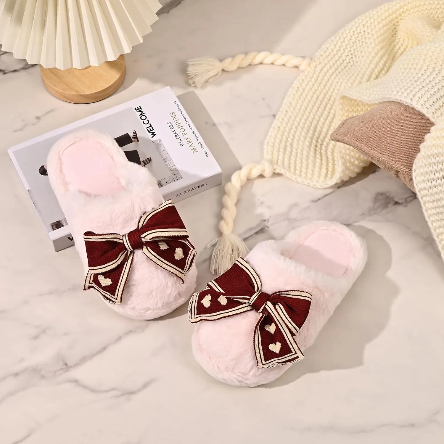 Fuzzy Knitted Bow Slippers for Women, Winter Bedroom Warm Fur Lined Slippers with Anti-Skid Sole, Cozy House Home Slip-On Shoes
