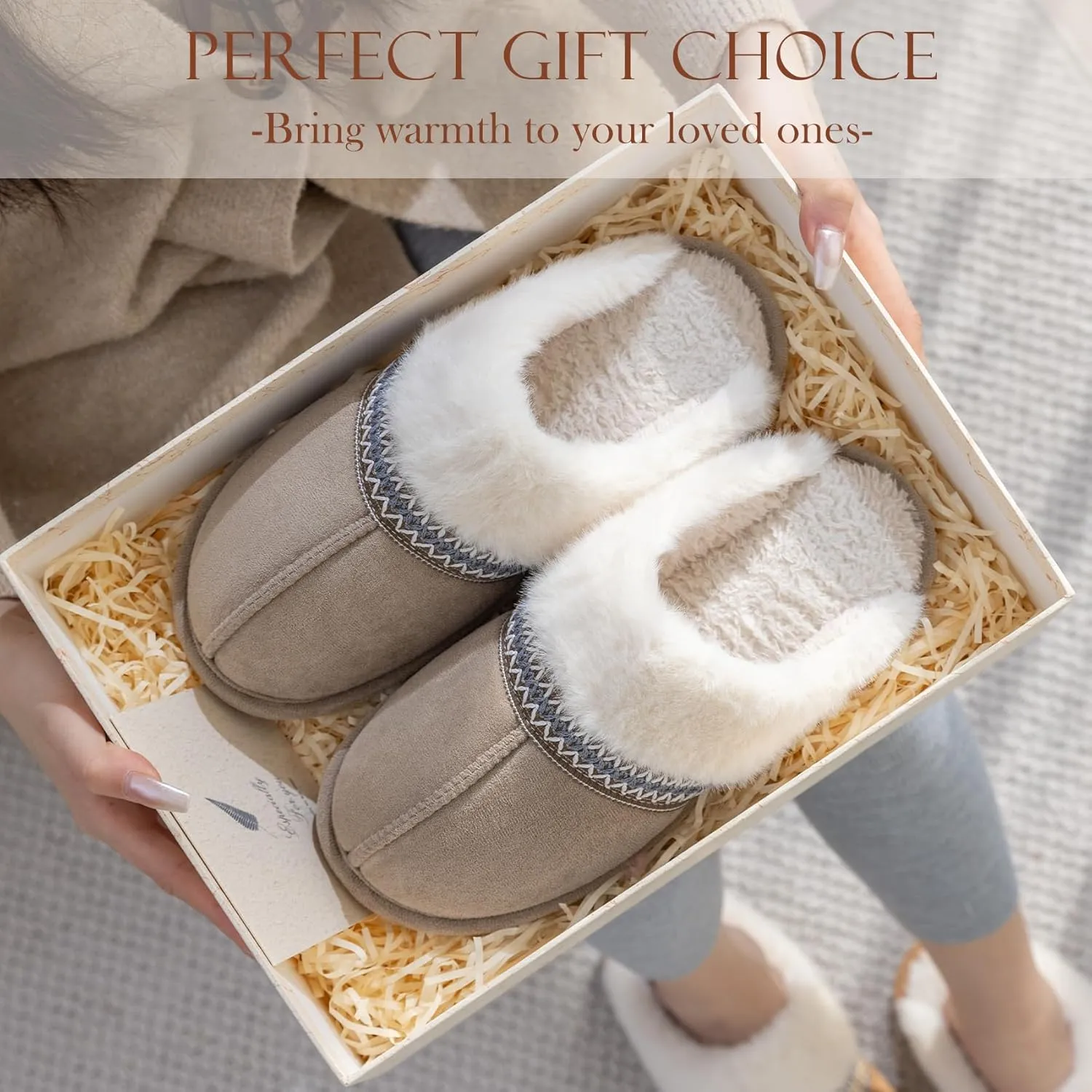 Fuzzy Slippers for Women with Memory Foam Warm Winter Suede House Slippers Indoor Outdoor Gifts For Women Faux Fur Anti-Skid