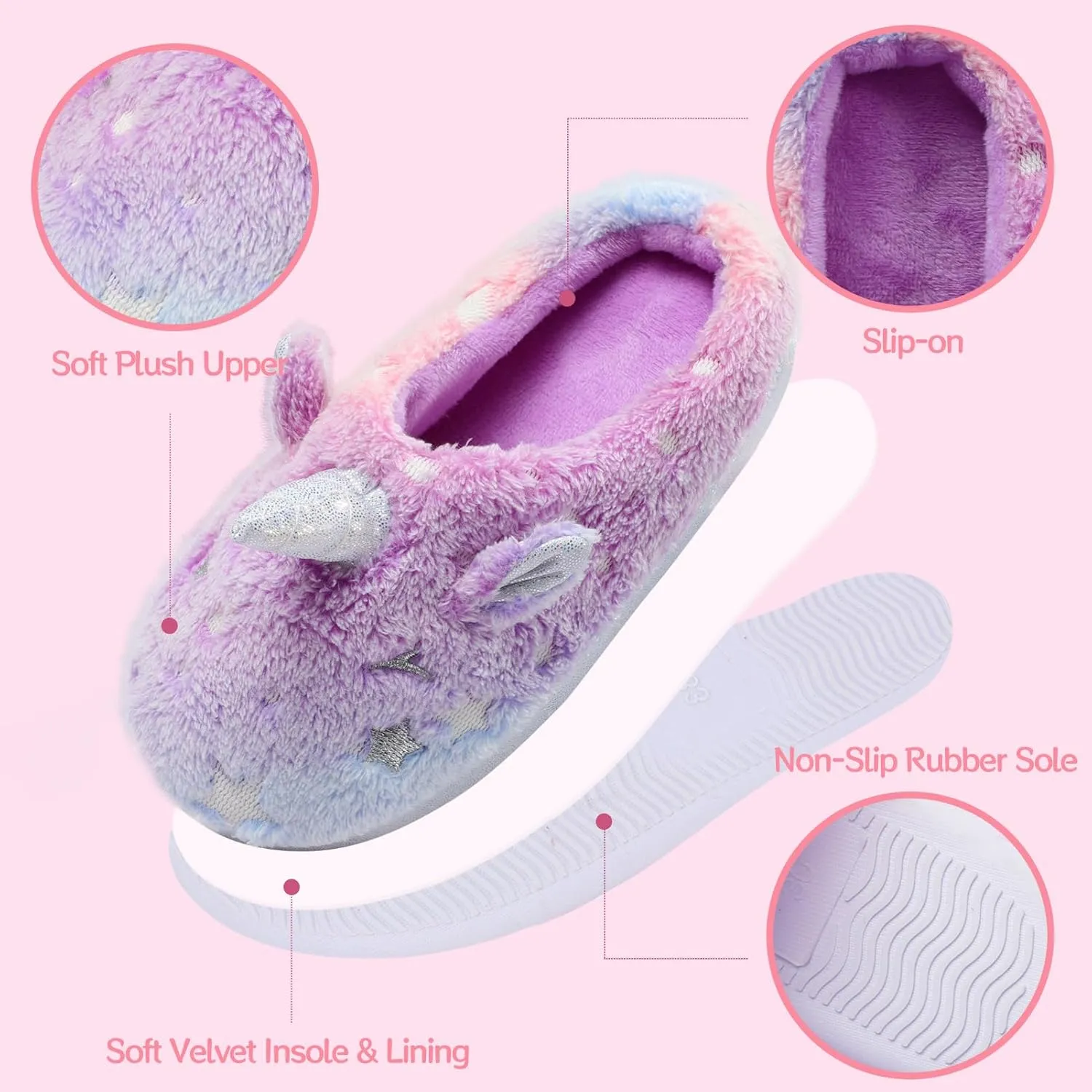 Fuzzy Unicorn Slippers for Boys Girls, Glow in the Dark Memory Foam House Slipper, Anti Slip Soles(Little Kid/Big Kid)