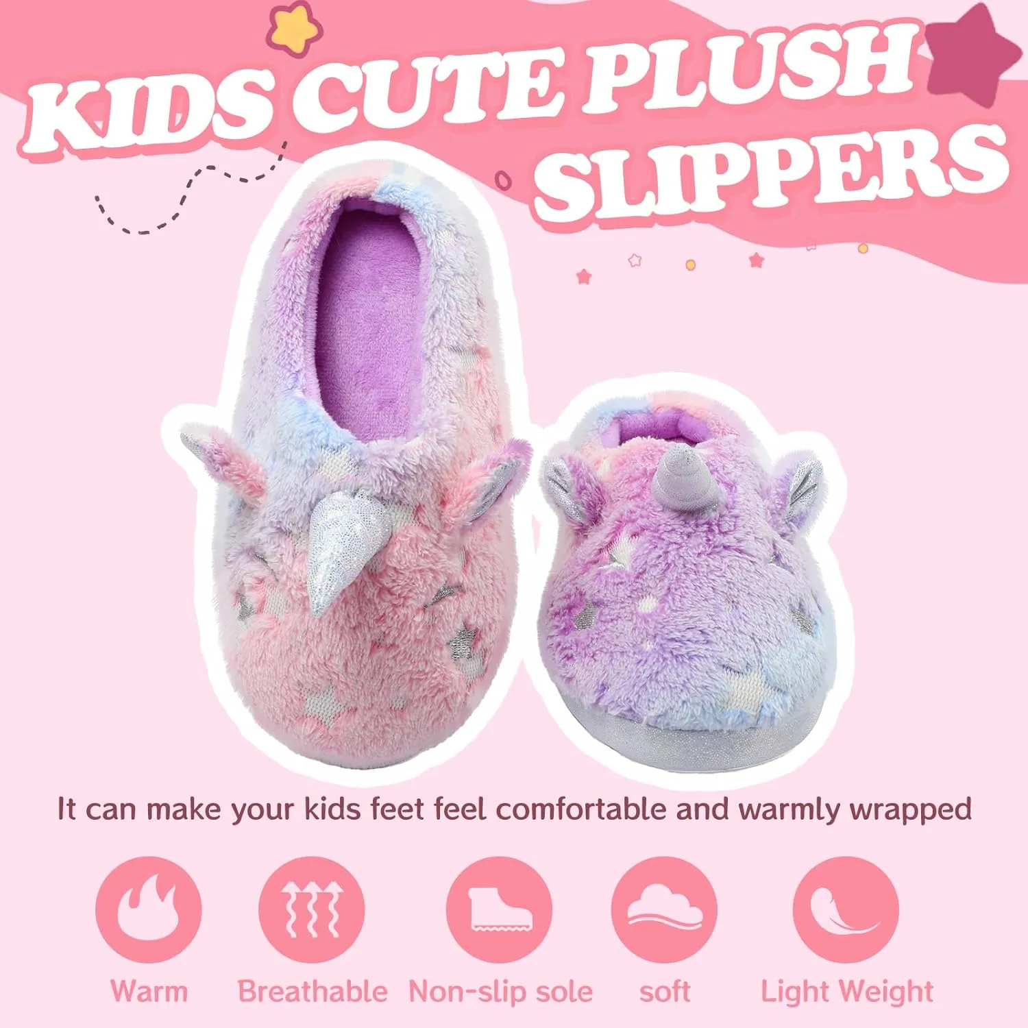 Fuzzy Unicorn Slippers for Boys Girls, Glow in the Dark Memory Foam House Slipper, Anti Slip Soles(Little Kid/Big Kid)