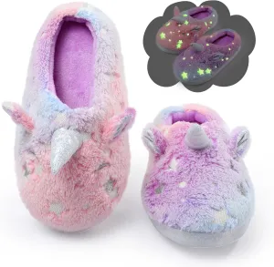 Fuzzy Unicorn Slippers for Boys Girls, Glow in the Dark Memory Foam House Slipper, Anti Slip Soles(Little Kid/Big Kid)