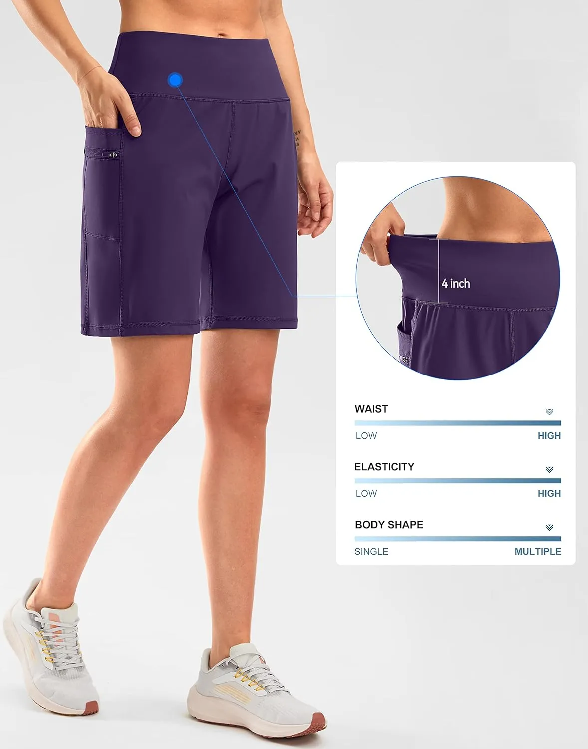 G Gradual Women's High Waisted 9" Bermuda Shorts with Zipper Pockets Athletic Workout Long Shorts for Women Knee Length