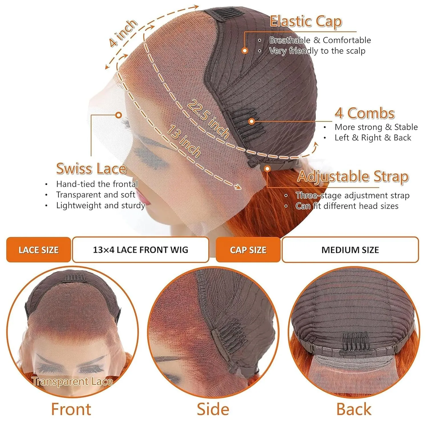 Ginger Orange Human Hair Lace Front Wig - 180% Density, Pre-Plucked, Baby Hair, 13x4 Straight Lace Frontal Wig for Black Women (20Inch)