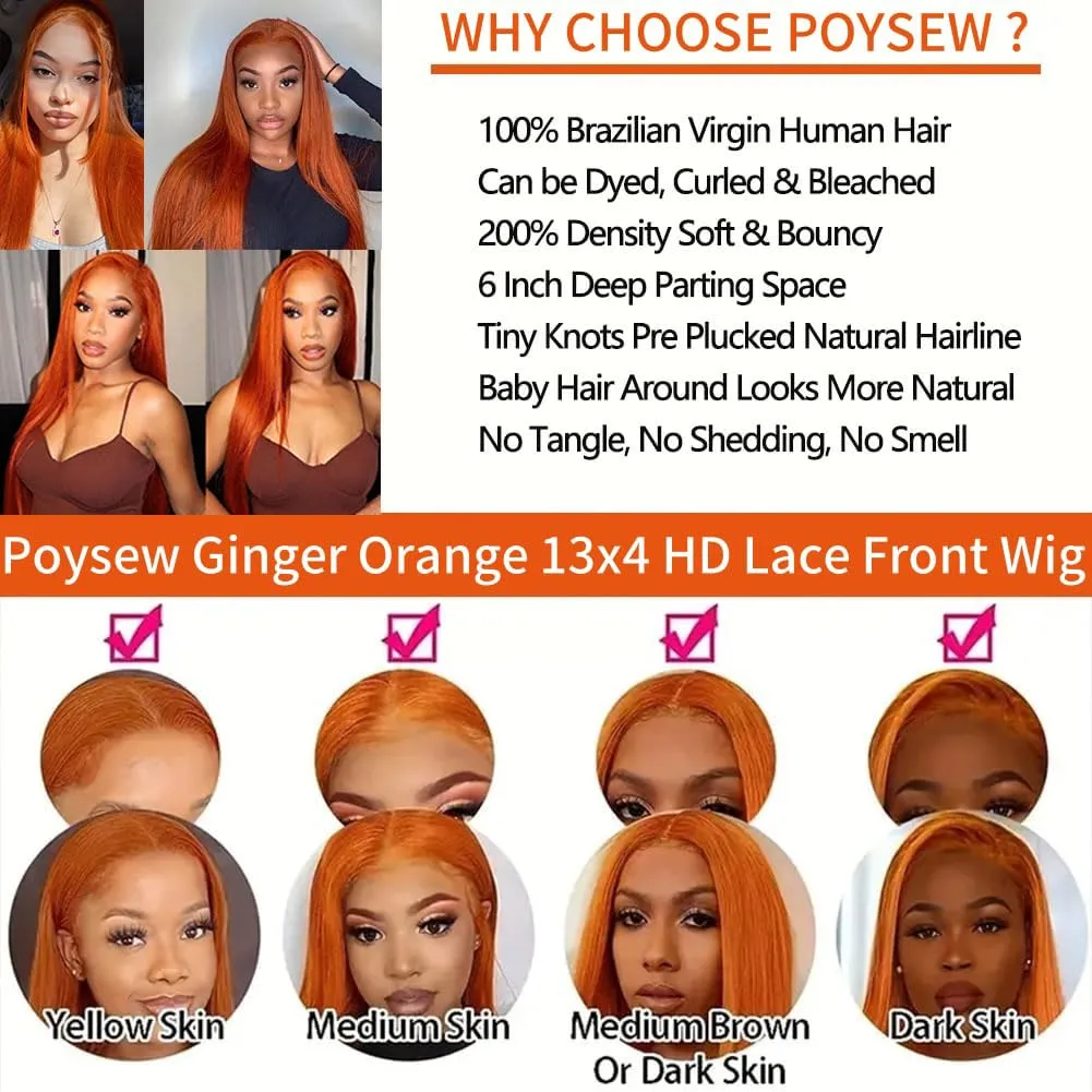 Ginger Orange Human Hair Lace Front Wig - 180% Density, Pre-Plucked, Baby Hair, 13x4 Straight Lace Frontal Wig for Black Women (20Inch)