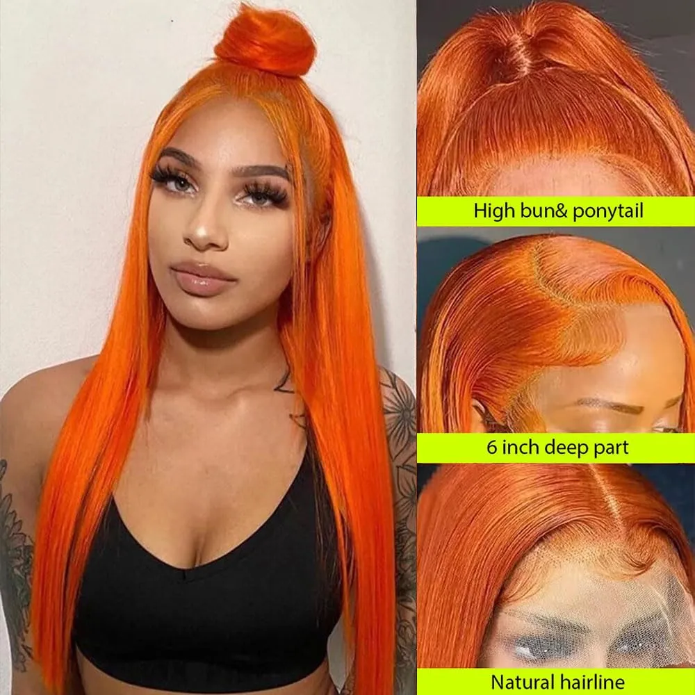 Ginger Orange Human Hair Lace Front Wig - 180% Density, Pre-Plucked, Baby Hair, 13x4 Straight Lace Frontal Wig for Black Women (20Inch)