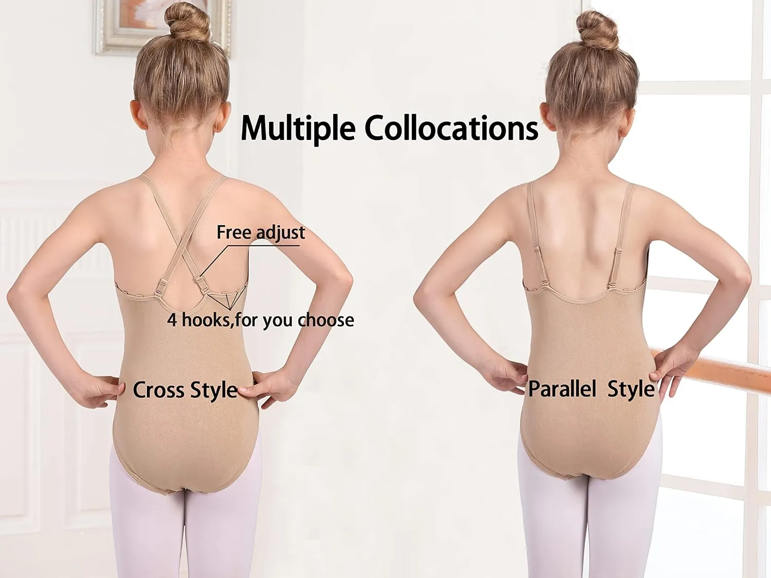 Girls and Women Dance Undergarment Ballet Briefs Nude Camisole Leotard Seamless Underwear,Adjustable Straps