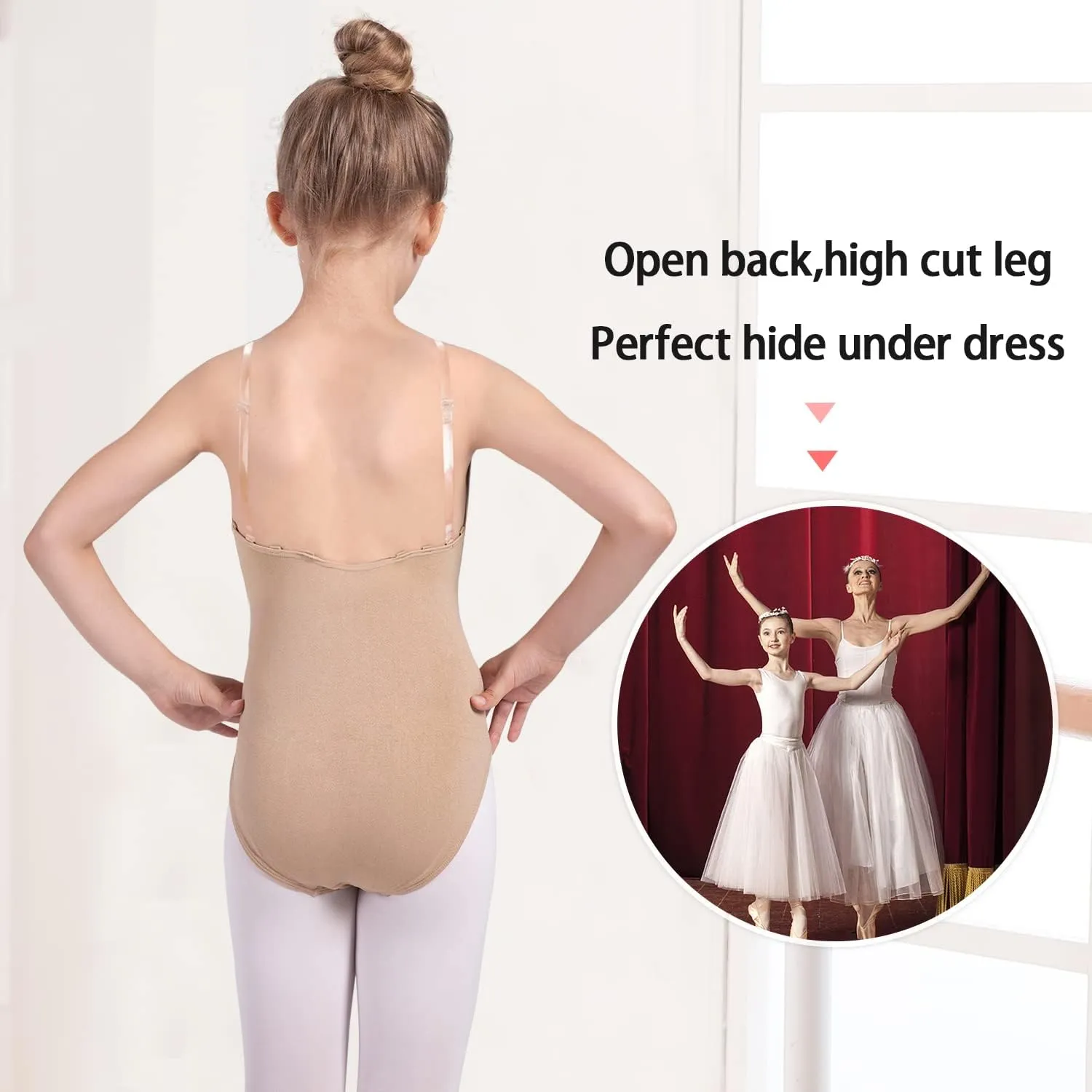 Girls and Women Dance Undergarment Ballet Briefs Nude Camisole Leotard Seamless Underwear,Adjustable Straps