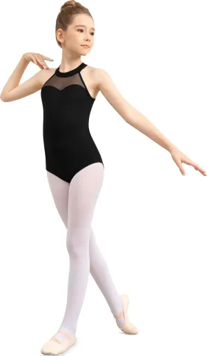 Girls Halter Dance Leotard for Ballet Hollow Back, Mesh Neckline, Full Front Lining