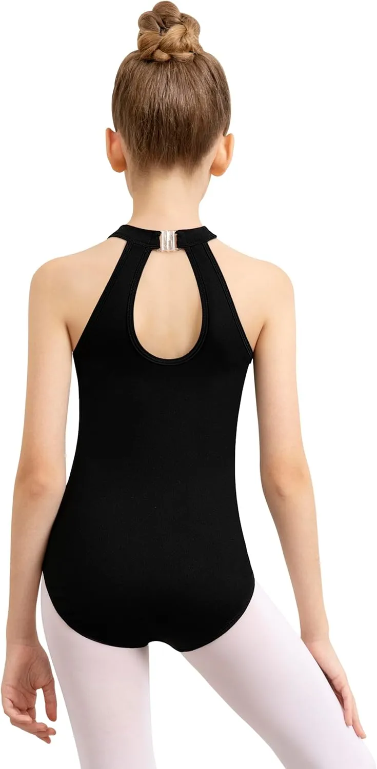 Girls Halter Dance Leotard for Ballet Hollow Back, Mesh Neckline, Full Front Lining