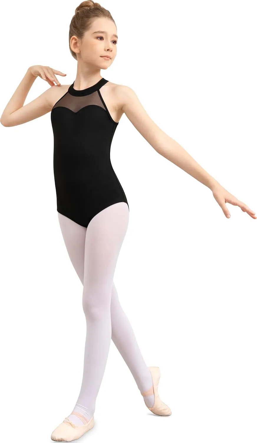 Girls Halter Dance Leotard for Ballet Hollow Back, Mesh Neckline, Full Front Lining