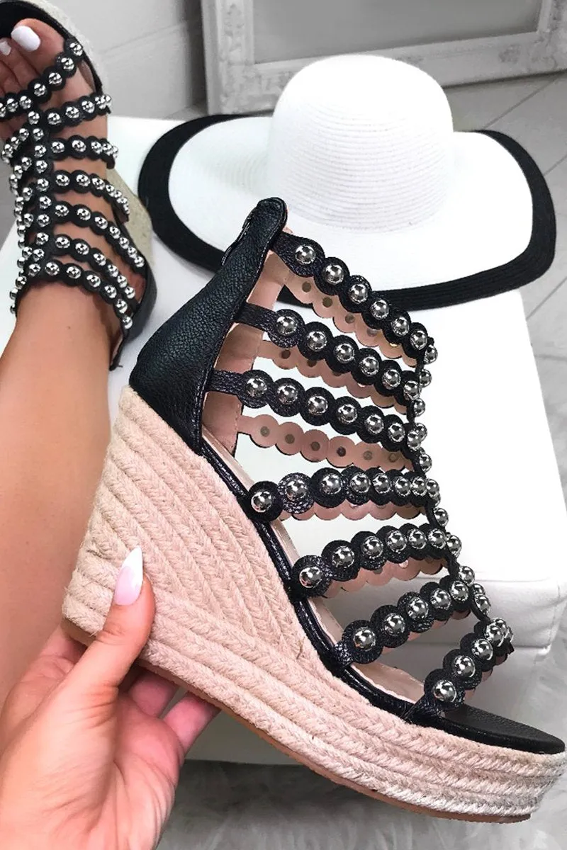 Glory Black Stud Espadrille Wedges