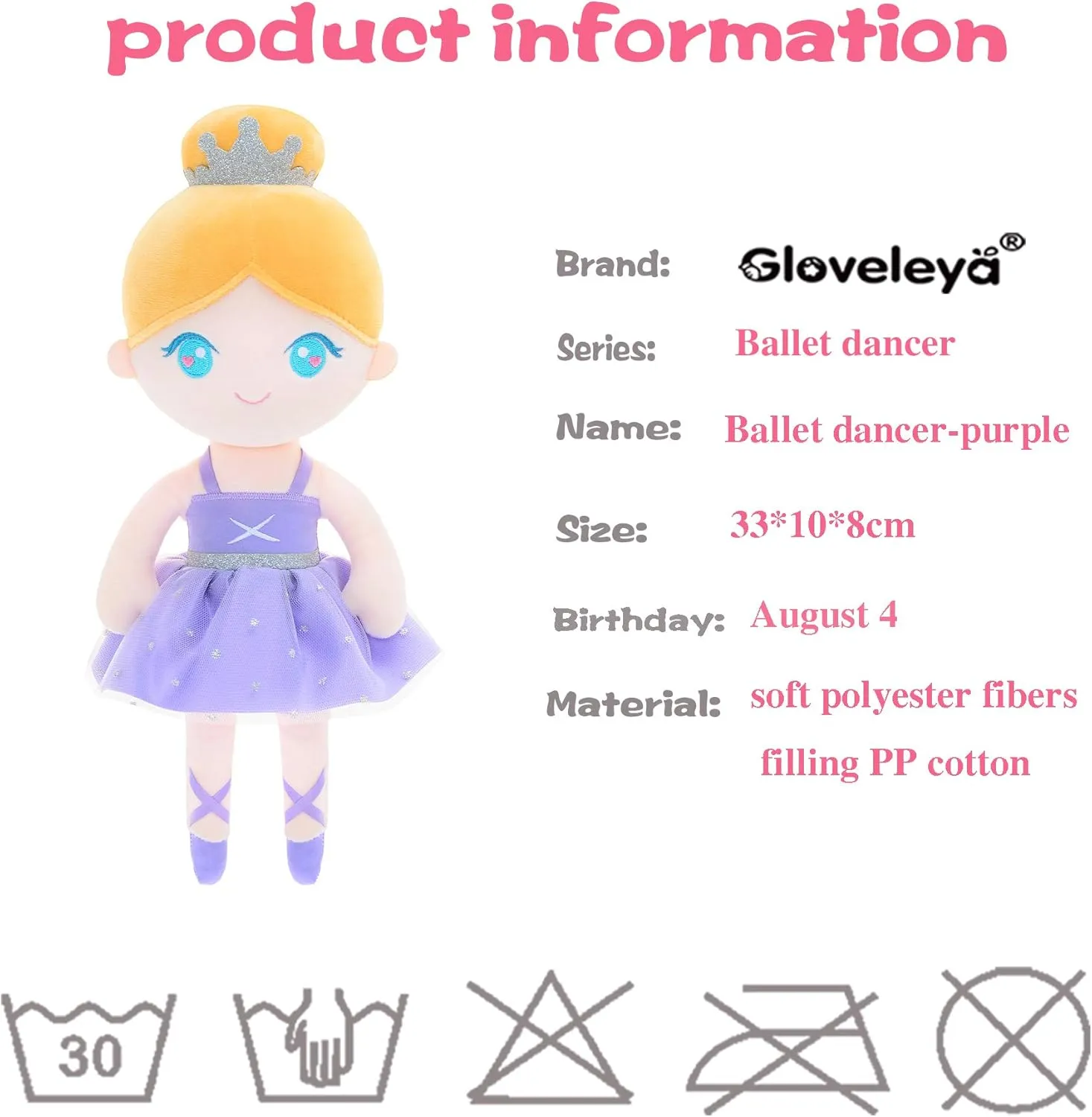 Gloveleya Baby Doll Girl Gift Ballerina Plush Soft Doll Light Purple 13 Inch with Gift Box…