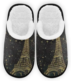 Gold Eiffel Tower Starry Sky Plush Slippers for Women Men Warm Comfortable Travel Spa Slipper Non-slip House Shoes