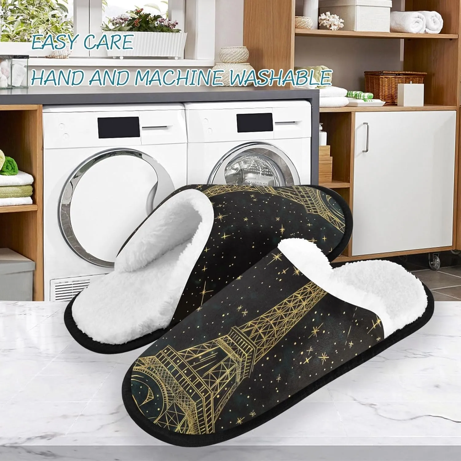 Gold Eiffel Tower Starry Sky Plush Slippers for Women Men Warm Comfortable Travel Spa Slipper Non-slip House Shoes