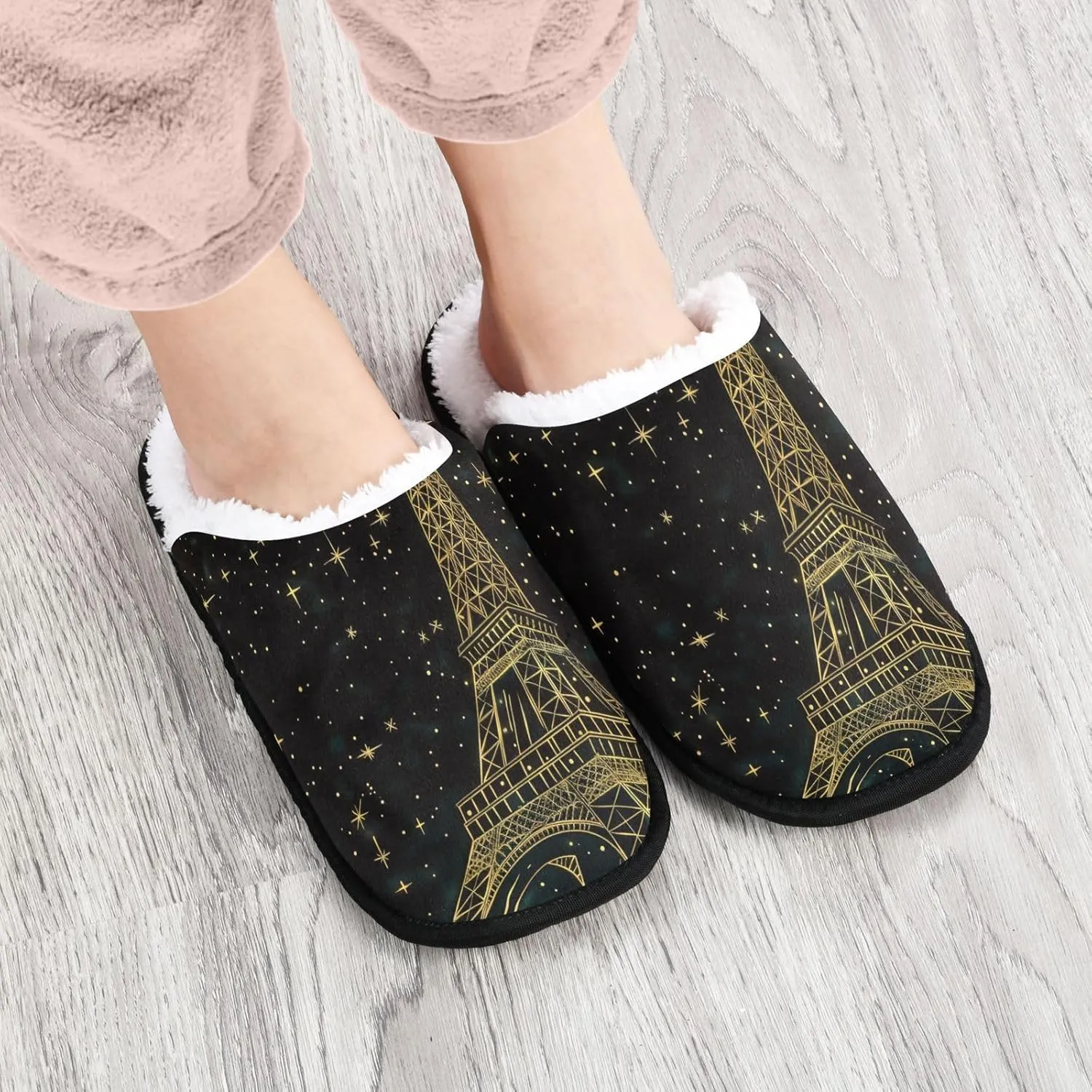 Gold Eiffel Tower Starry Sky Plush Slippers for Women Men Warm Comfortable Travel Spa Slipper Non-slip House Shoes