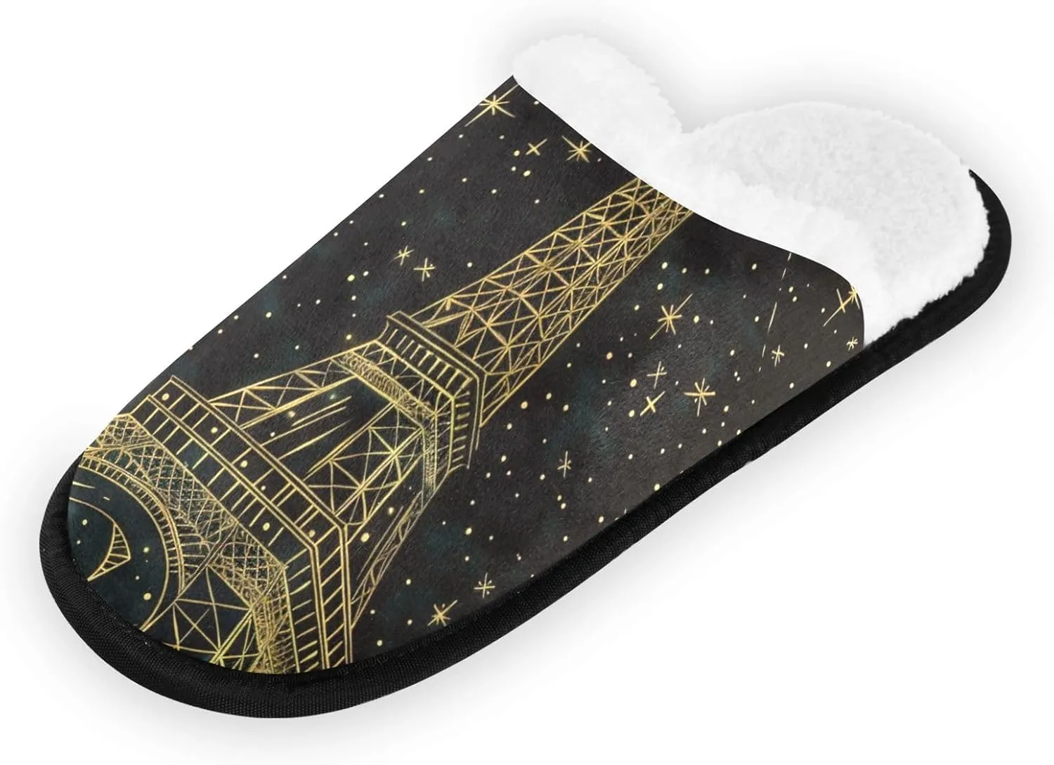 Gold Eiffel Tower Starry Sky Plush Slippers for Women Men Warm Comfortable Travel Spa Slipper Non-slip House Shoes