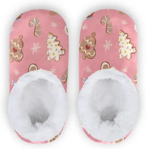 Gredecor Christmas Kids Toddler Slippers for Girls Cute Gingerbread Cookies Snowflakes Pastel Pink Winter Home House Warm Fur Indoor Slipper, 9-11