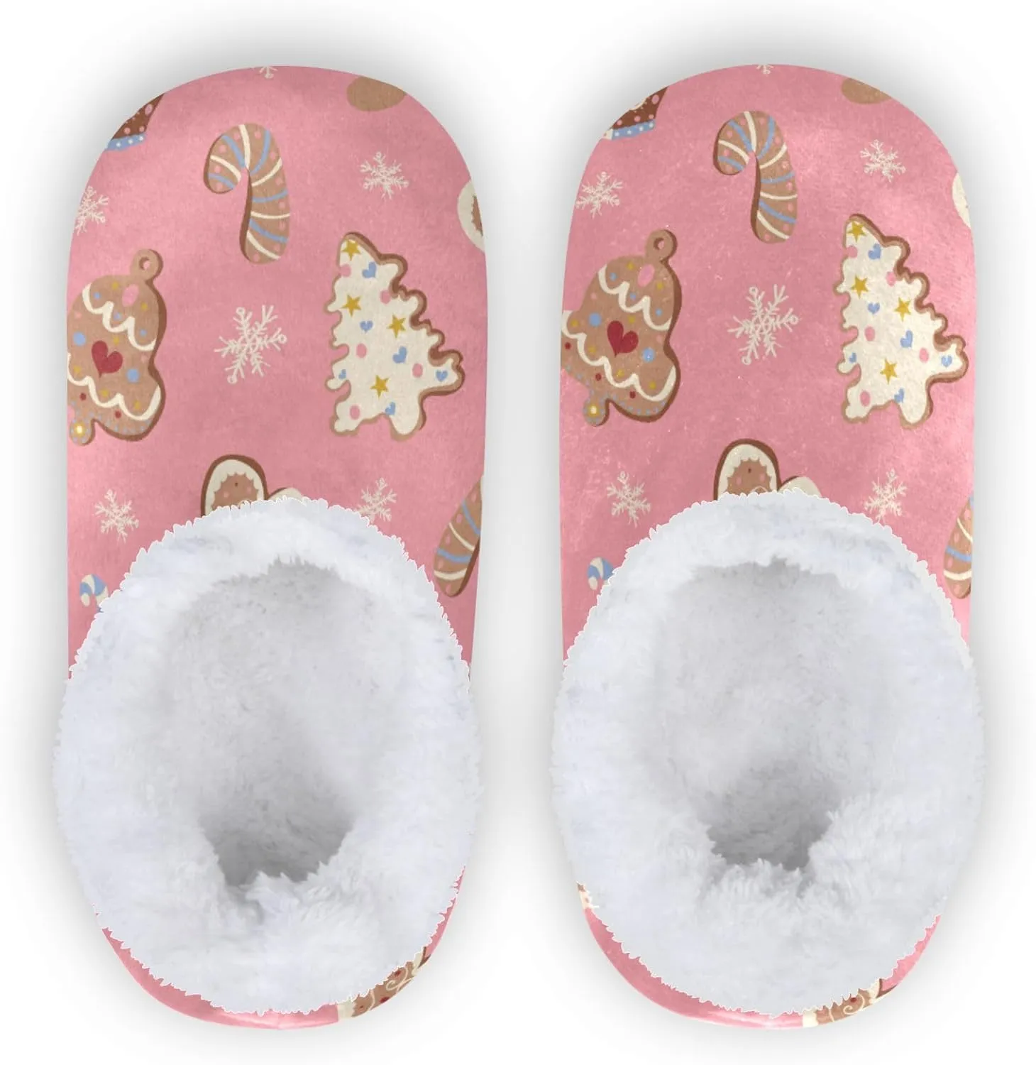 Gredecor Christmas Kids Toddler Slippers for Girls Cute Gingerbread Cookies Snowflakes Pastel Pink Winter Home House Warm Fur Indoor Slipper, 9-11