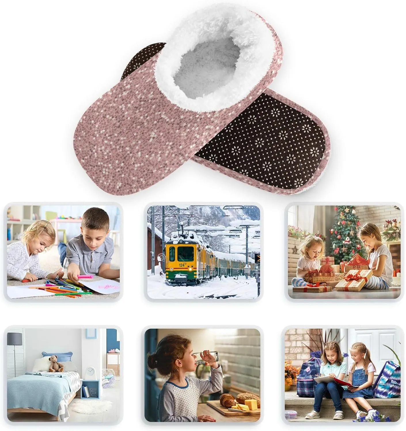 Gredecor Christmas Kids Toddler Slippers for Girls Pink Rose Gold Glitter Winter Home House Warm Fur Indoor Slipper, 9-11