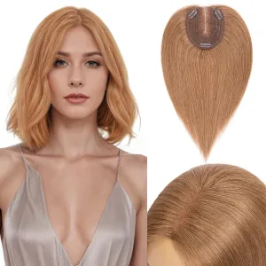 Hair Toppers for Women Real Human Hair, 10x12cm Large Base Golden Brown Human Hair Topper for Thin Hair Remy Topper Clip in Top Hair Piece Wiglets to Cover Grey Hair(10 Inch,Golden Brown)