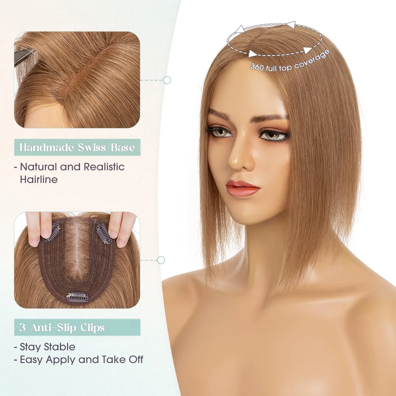 Hair Toppers for Women Real Human Hair, 10x12cm Large Base Golden Brown Human Hair Topper for Thin Hair Remy Topper Clip in Top Hair Piece Wiglets to Cover Grey Hair(10 Inch,Golden Brown)