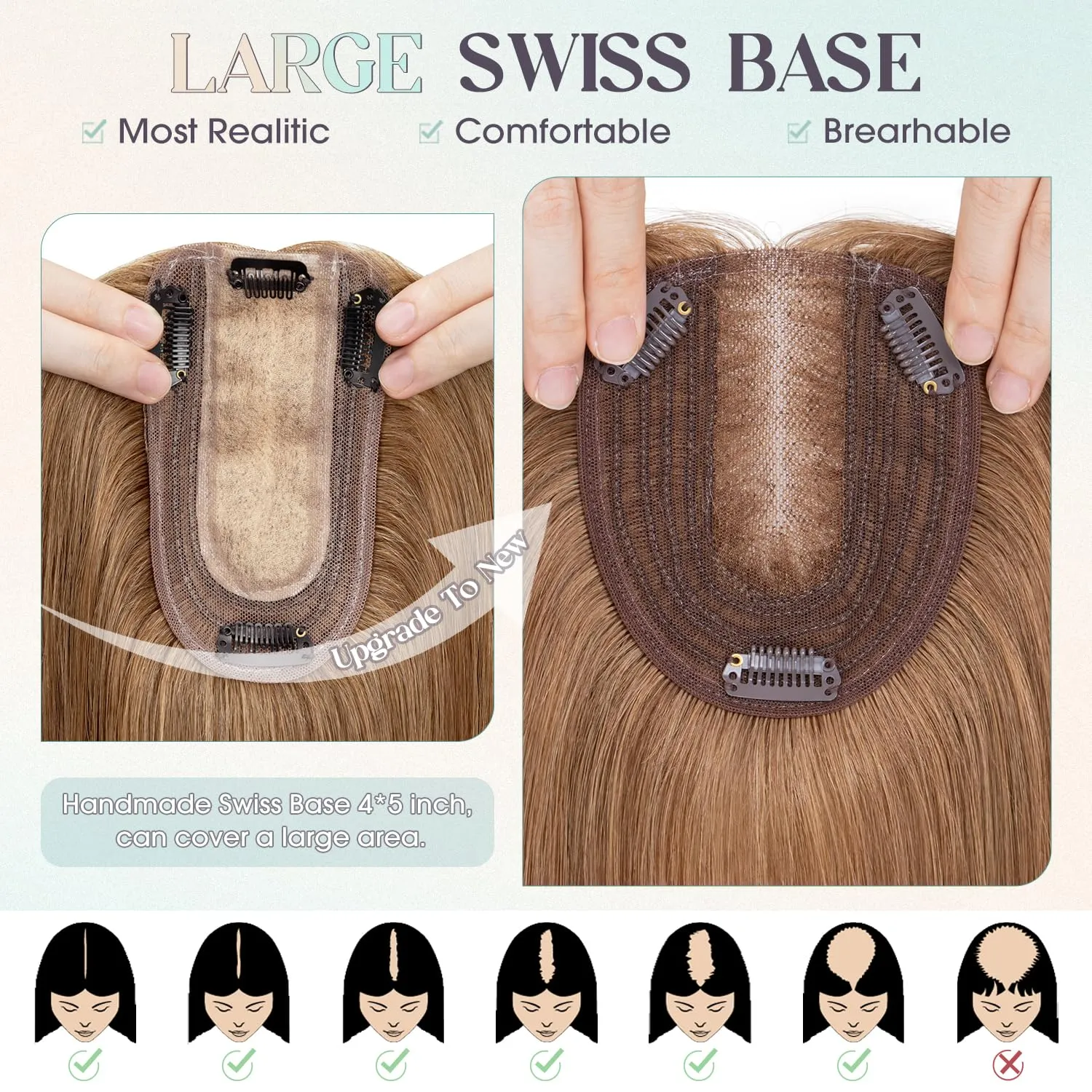 Hair Toppers for Women Real Human Hair, 10x12cm Large Base Golden Brown Human Hair Topper for Thin Hair Remy Topper Clip in Top Hair Piece Wiglets to Cover Grey Hair(10 Inch,Golden Brown)