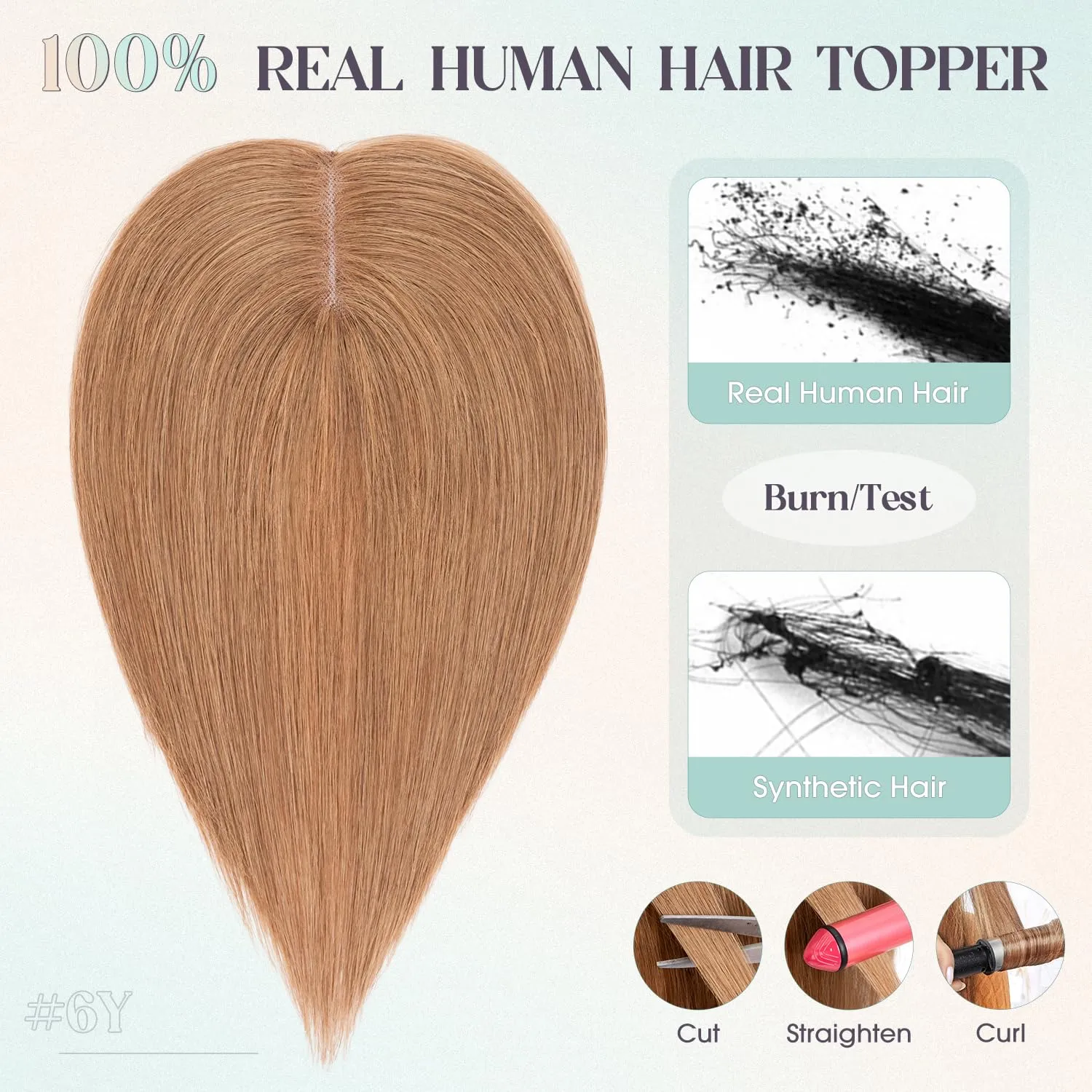 Hair Toppers for Women Real Human Hair, 10x12cm Large Base Golden Brown Human Hair Topper for Thin Hair Remy Topper Clip in Top Hair Piece Wiglets to Cover Grey Hair(10 Inch,Golden Brown)