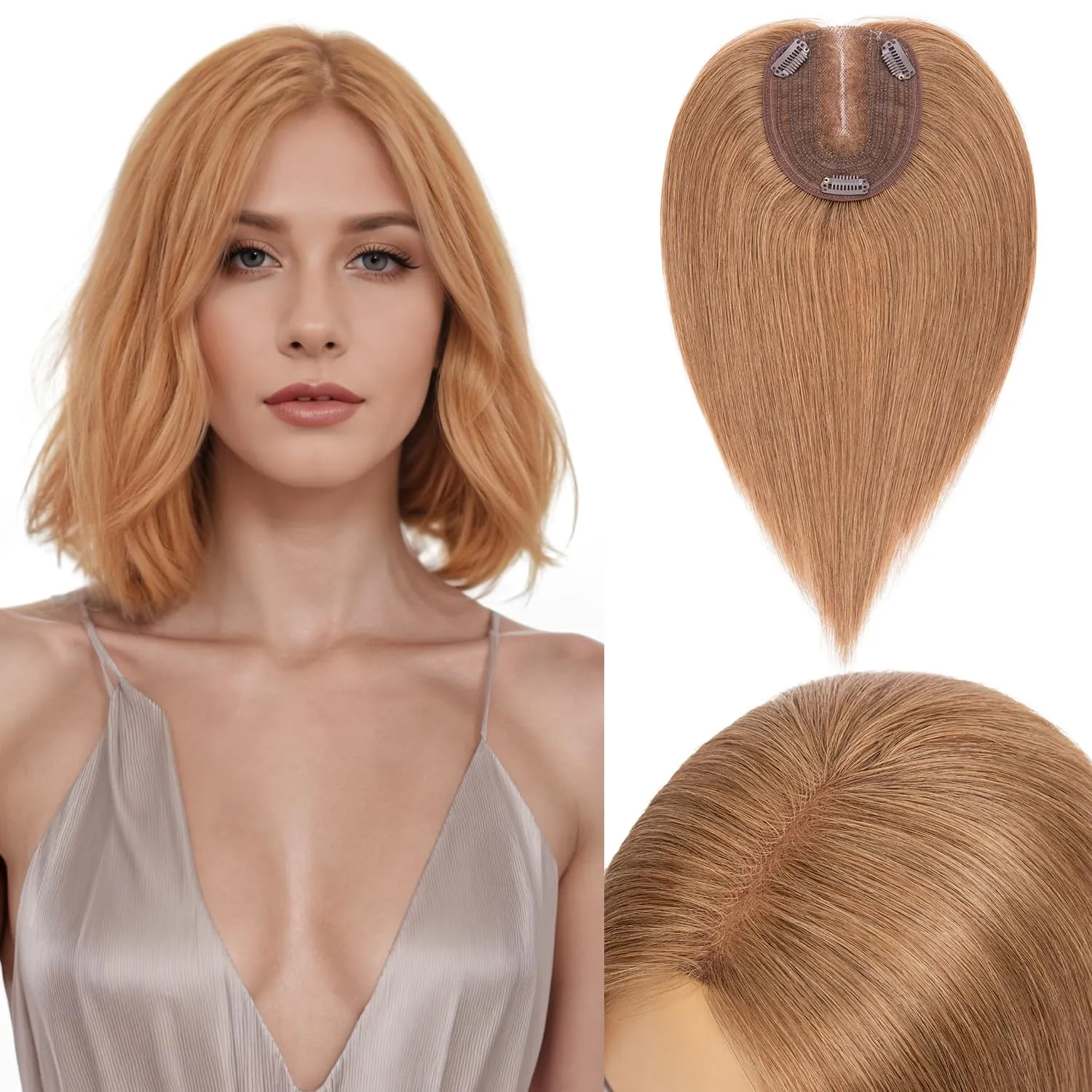 Hair Toppers for Women Real Human Hair, 10x12cm Large Base Golden Brown Human Hair Topper for Thin Hair Remy Topper Clip in Top Hair Piece Wiglets to Cover Grey Hair(10 Inch,Golden Brown)