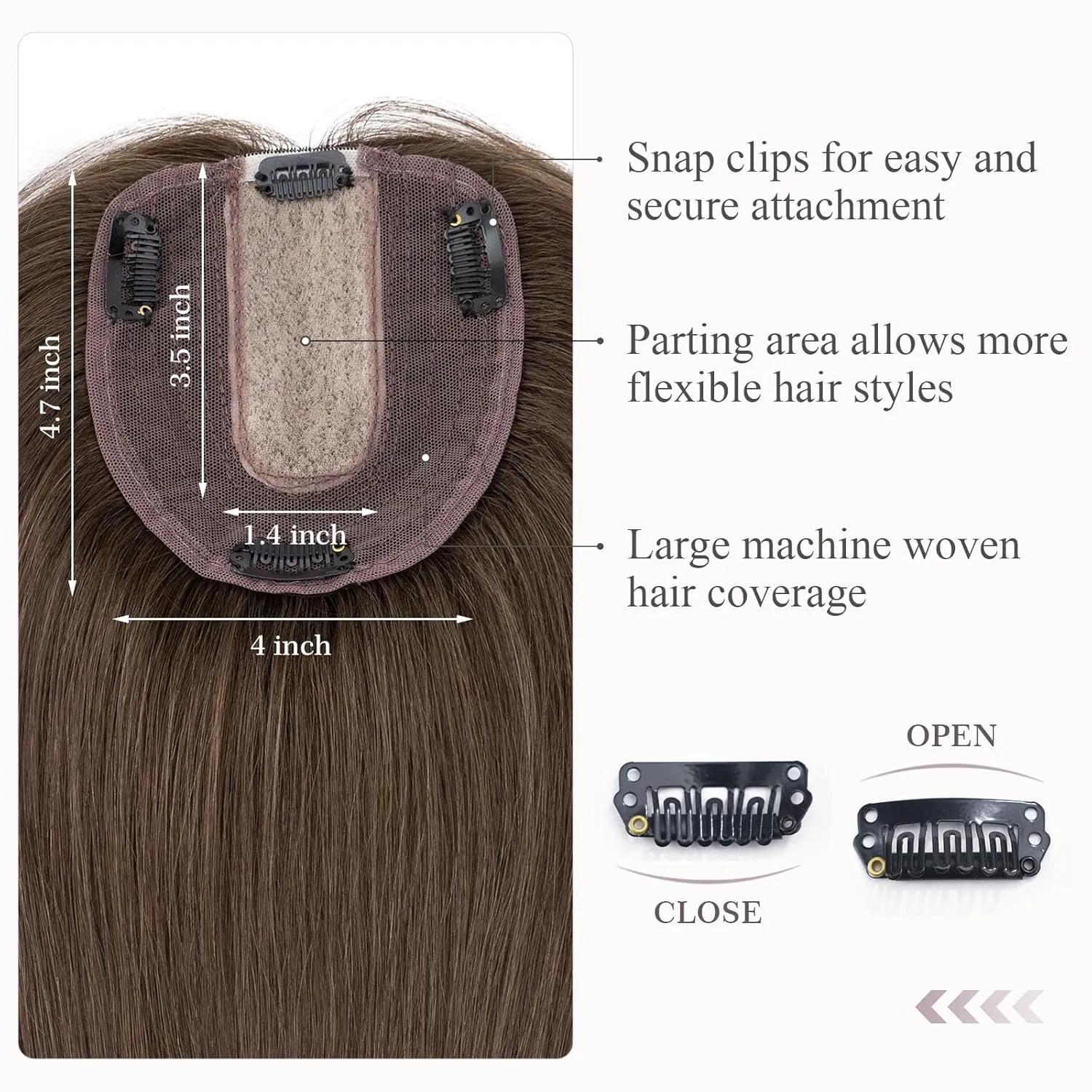 Hairro Human Hair Topper, Clips in 100% Real Hairpieces with 4"x 4.7" Silk Base for Women, for High Hairline/Covering Greyish Thin Hair on Top, 6 Inch Cocoa brown