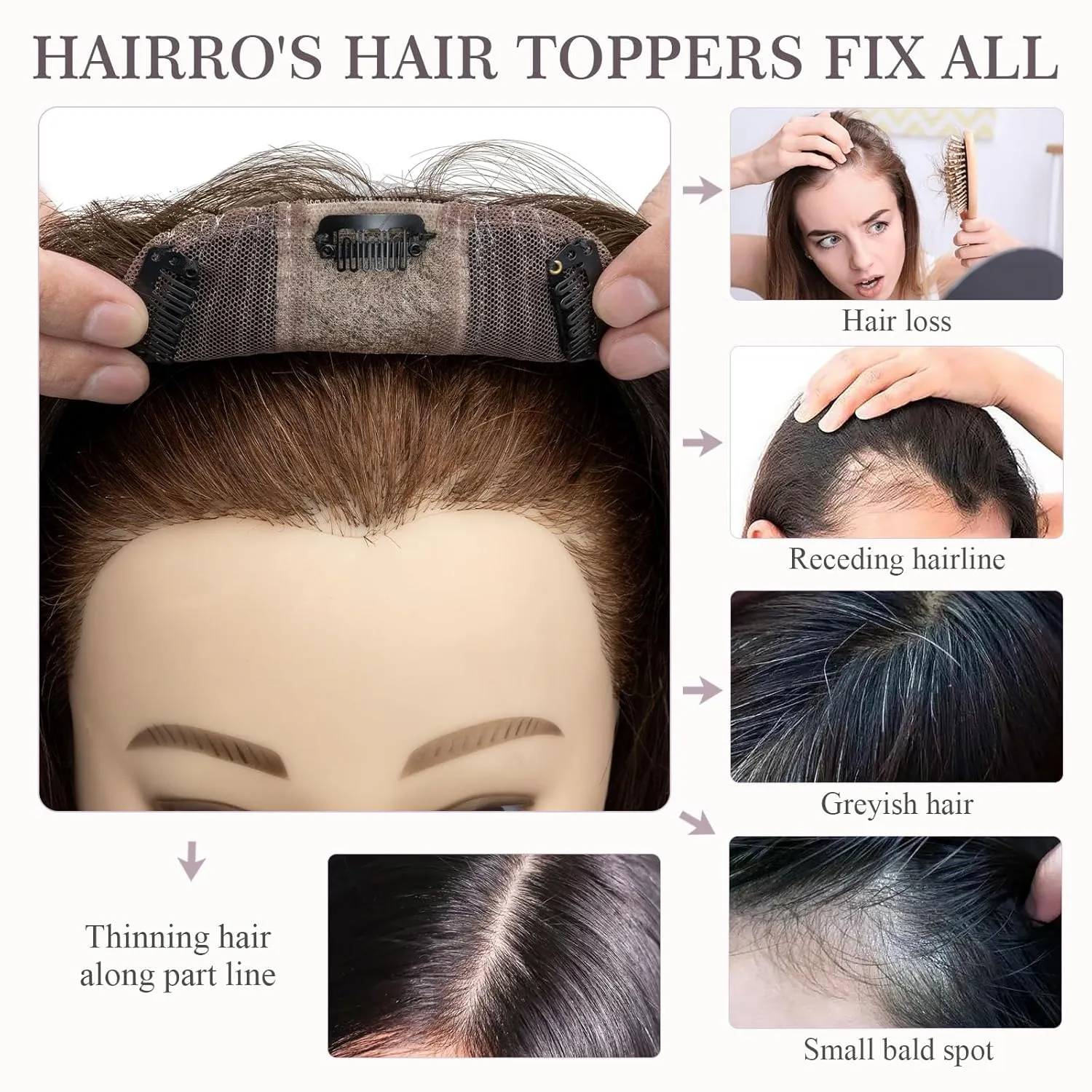 Hairro Human Hair Topper, Clips in 100% Real Hairpieces with 4"x 4.7" Silk Base for Women, for High Hairline/Covering Greyish Thin Hair on Top, 6 Inch Cocoa brown
