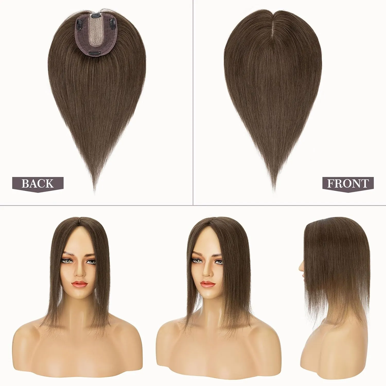 Hairro Human Hair Topper, Clips in 100% Real Hairpieces with 4"x 4.7" Silk Base for Women, for High Hairline/Covering Greyish Thin Hair on Top, 6 Inch Cocoa brown